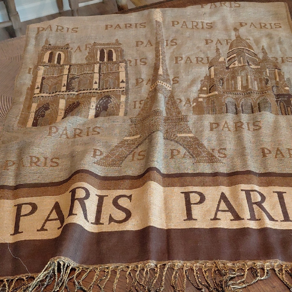 Paris Eiffel Tower Fringe Scarf Shawl in Brown & Tan 68 Inches Long